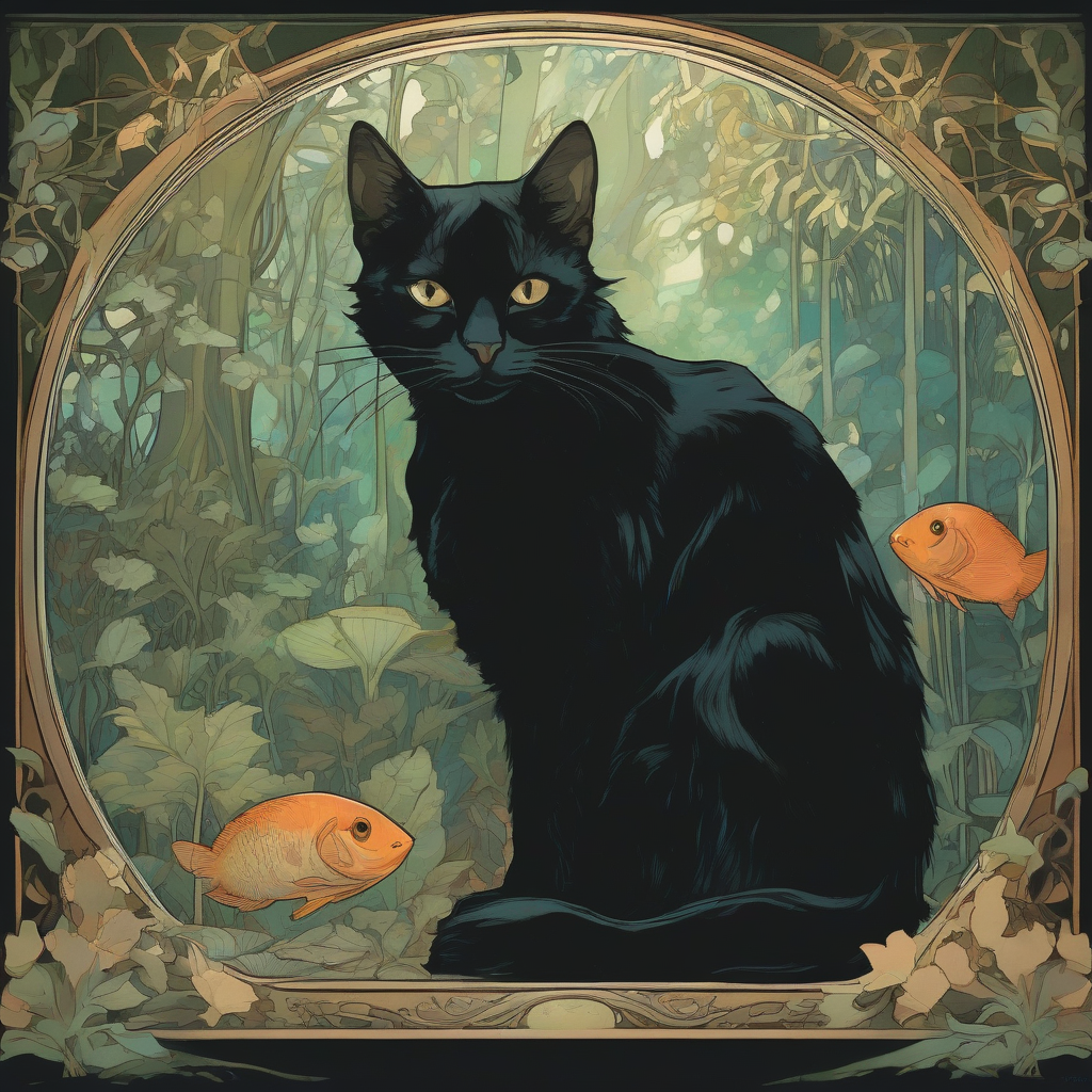 alfons mucha style black cat in forest aquarium by Free AI Image Generator & Maker - No login required✨ | AIGAZOU