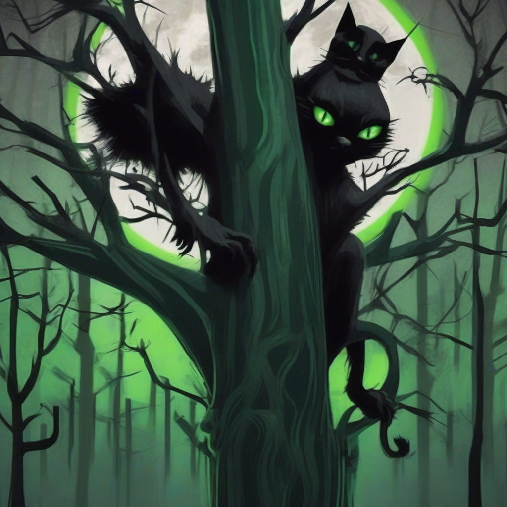 a creepy black cat with green eyes on a spooky tree at night by मुफ्त एआई छवि जनरेटर - बिना लॉगिन के✨ | AIGAZOU