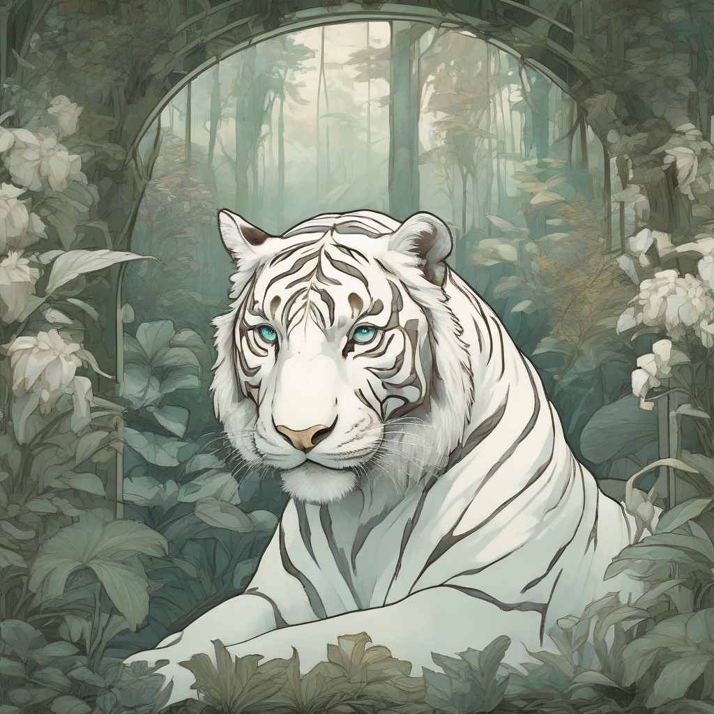 a white tiger in a forest aquarium in the style of alfons mucha by मुफ्त एआई छवि जनरेटर - बिना लॉगिन के✨ | AIGAZOU