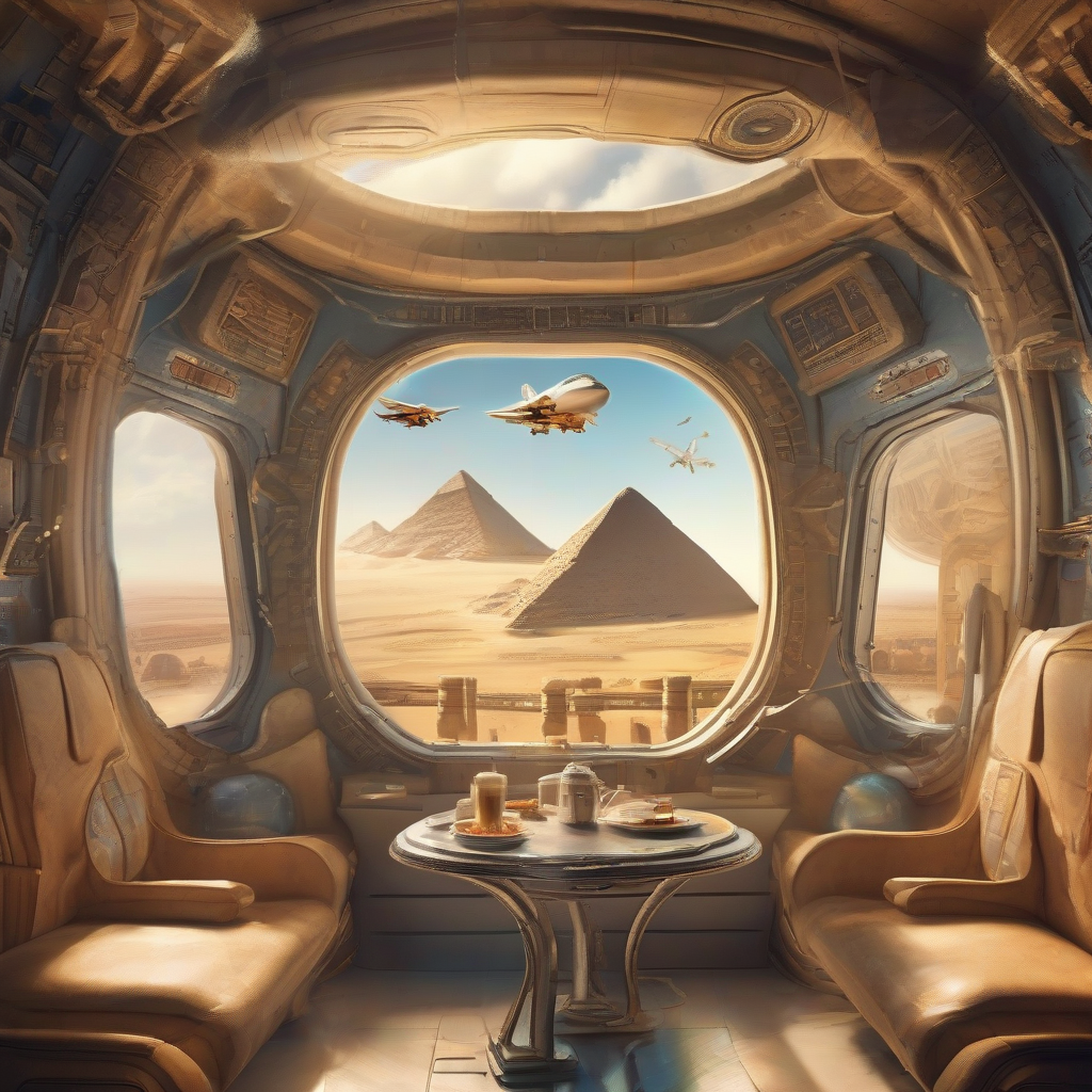 space shuttle time travel cafe ancient egypt view by मुफ्त एआई छवि जनरेटर - बिना लॉगिन के✨ | AIGAZOU