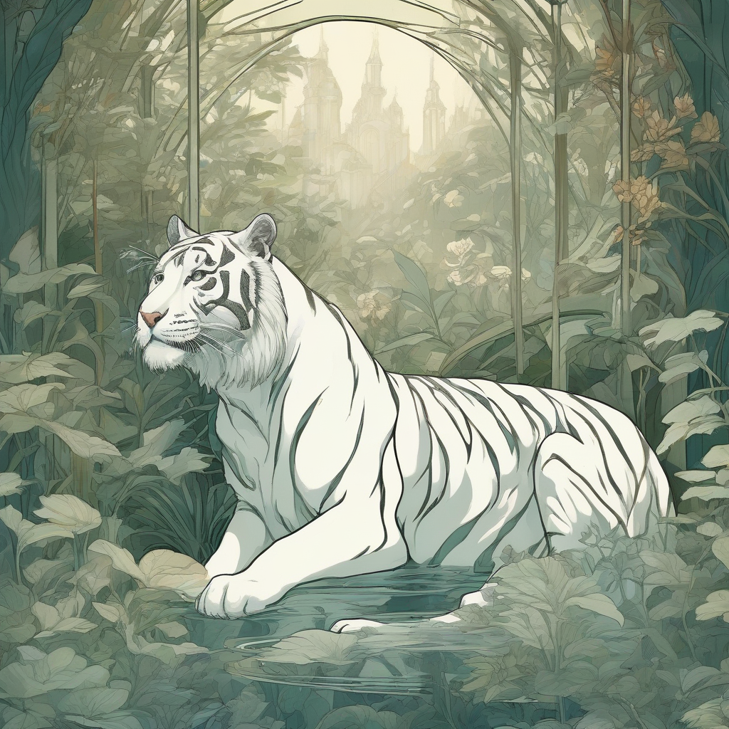 a white tiger in a forest aquarium in the style of alfons mucha by मुफ्त एआई छवि जनरेटर - बिना लॉगिन के✨ | AIGAZOU