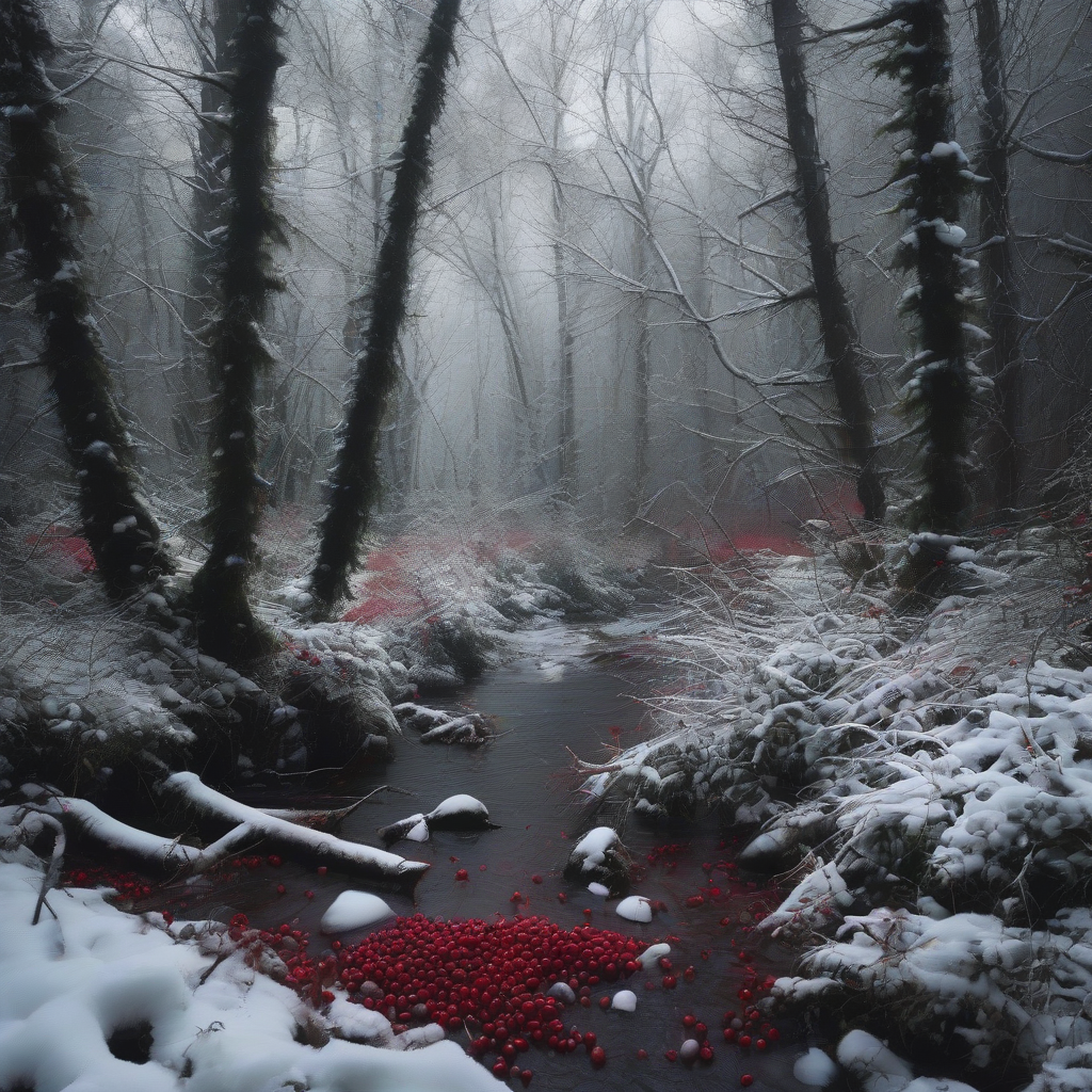 dense forest with red berries snow small river by मुफ्त एआई छवि जनरेटर - बिना लॉगिन के✨ | AIGAZOU