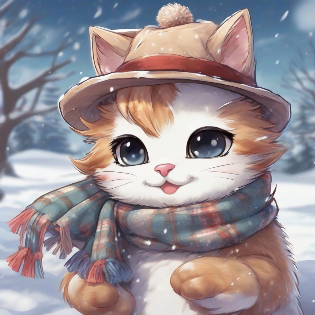 a manga kitten wearing a scarf and hat making a snowman by Générateur d'images par IA gratuit - Aucune connexion nécessaire✨ | AIGAZOU