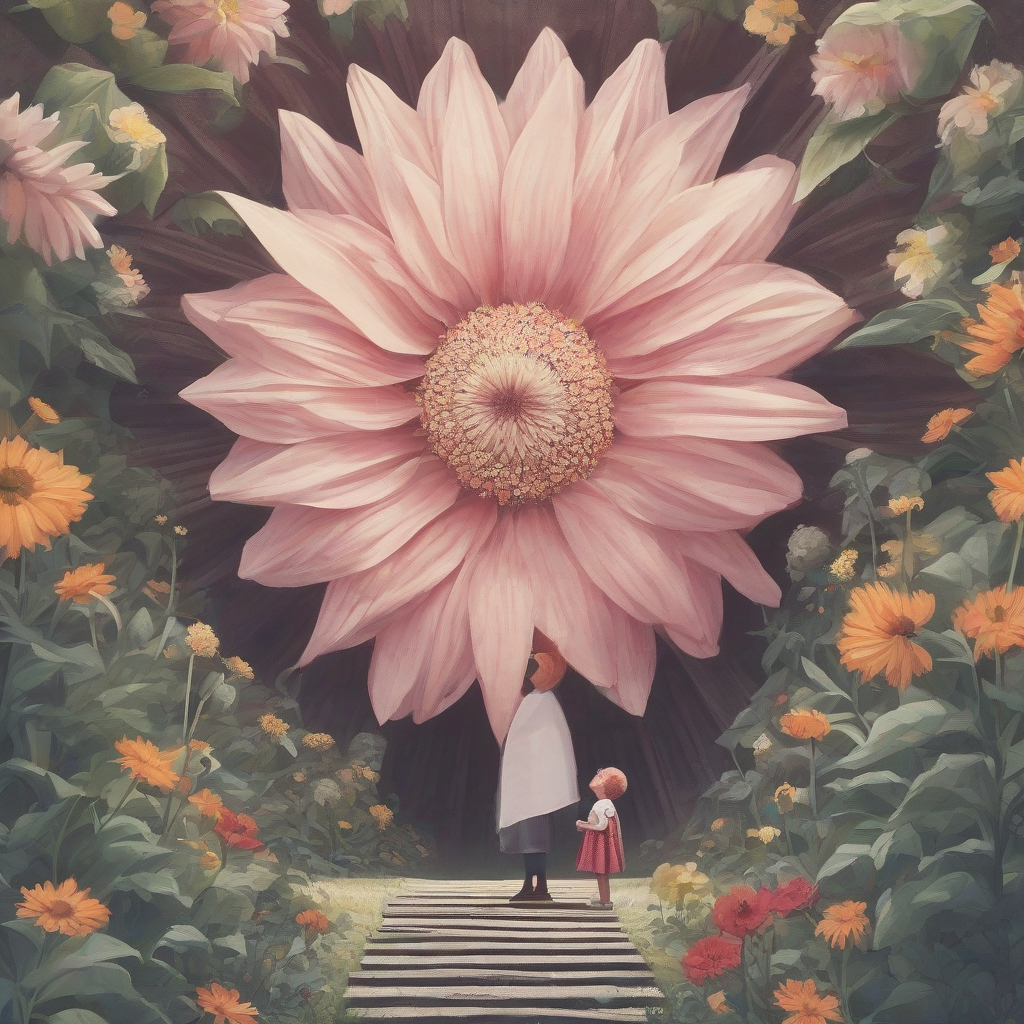 a small person looking up at a huge flower by 免费AI图像生成工具 | AIGAZOU