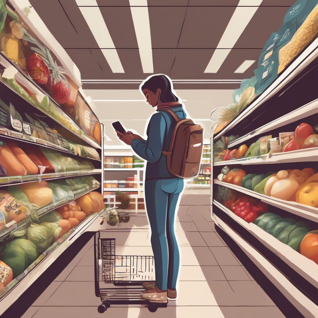 choosing ingredients while looking at smartphone in supermarket by मुफ्त एआई छवि जनरेटर - बिना लॉगिन के✨ | AIGAZOU