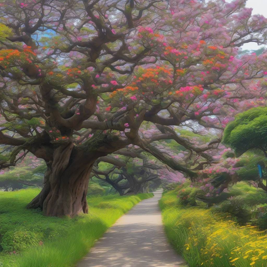 large old trees with colorful flowers by मुफ्त एआई छवि जनरेटर - बिना लॉगिन के✨ | AIGAZOU