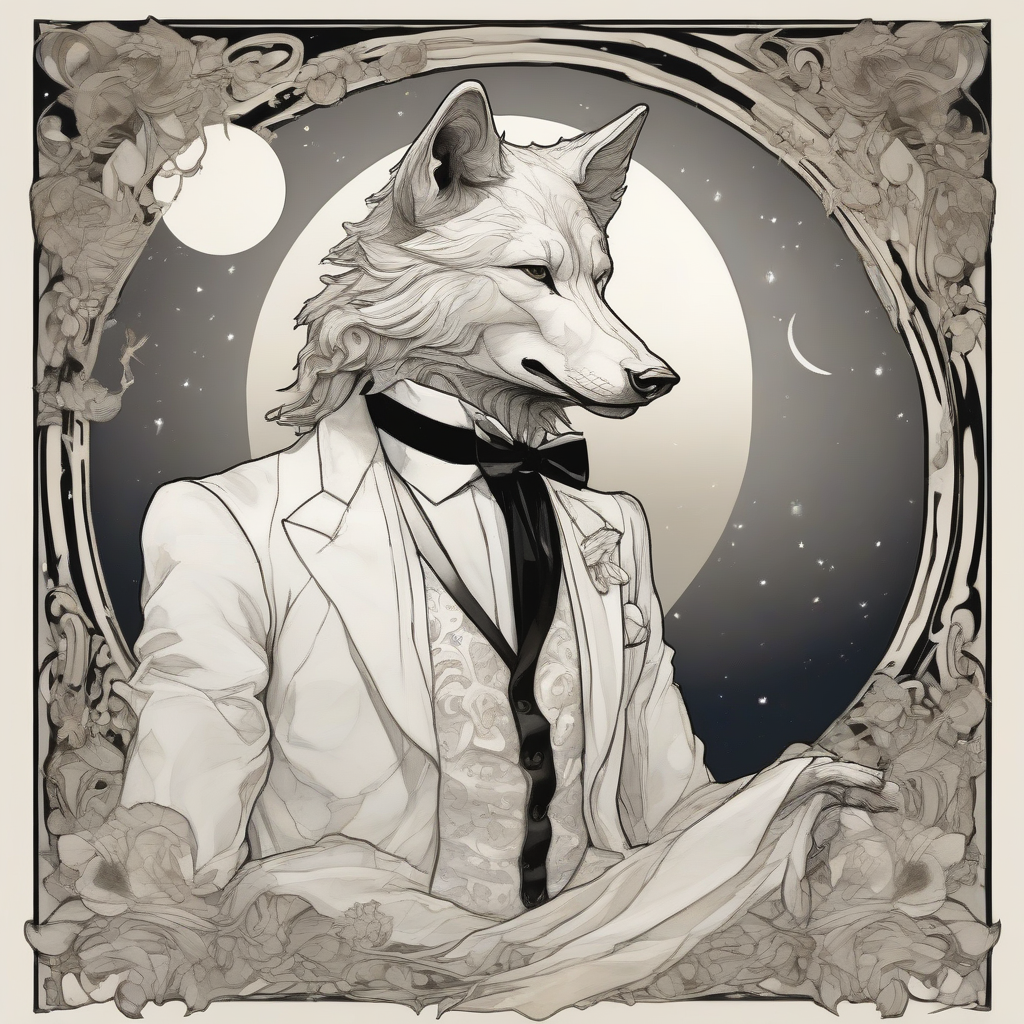 alfons mucha style white wolf in tailcoat and full moon by मुफ्त एआई छवि जनरेटर - बिना लॉगिन के✨ | AIGAZOU