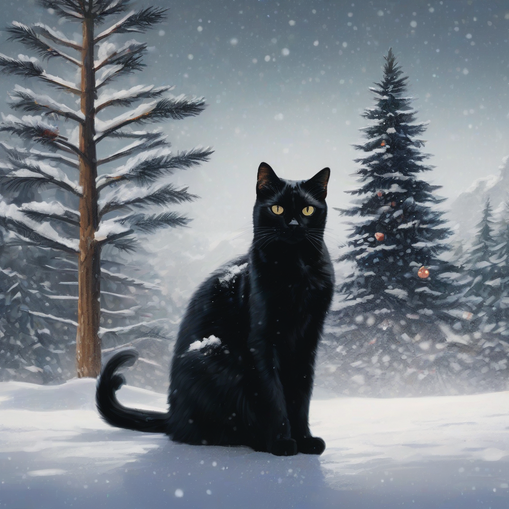 a black cat in front of a fir tree in the snow by मुफ्त एआई छवि जनरेटर - बिना लॉगिन के✨ | AIGAZOU