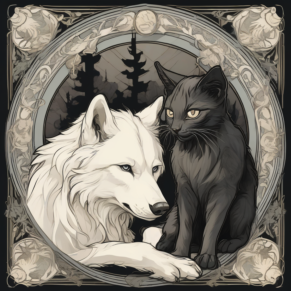 alfons mucha style white wolf and black kitten by मुफ्त एआई छवि जनरेटर - बिना लॉगिन के✨ | AIGAZOU