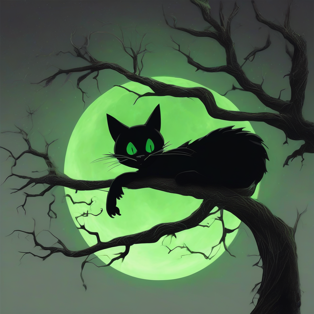 a spooky black cat with green eyes on a creepy tree at night by मुफ्त एआई छवि जनरेटर - बिना लॉगिन के✨ | AIGAZOU