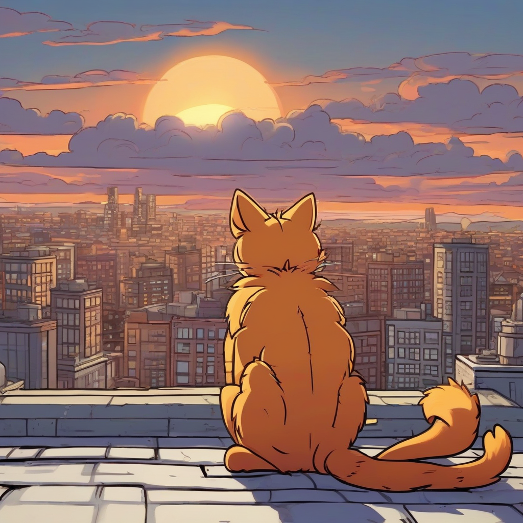 a garfield cat sitting on the eaves watching the vast city by मुफ्त एआई छवि जनरेटर - बिना लॉगिन के✨ | AIGAZOU