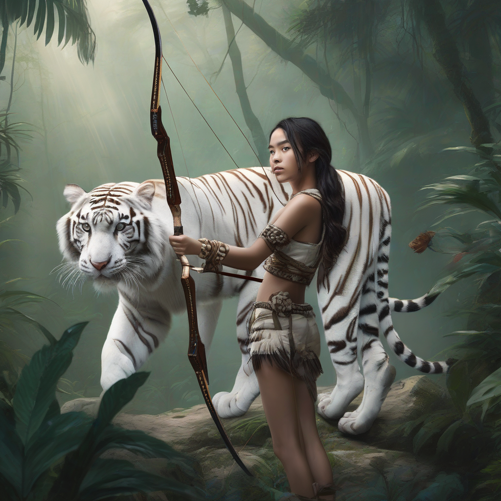 girl with bow and white tigers in jungle by मुफ्त एआई छवि जनरेटर - बिना लॉगिन के✨ | AIGAZOU