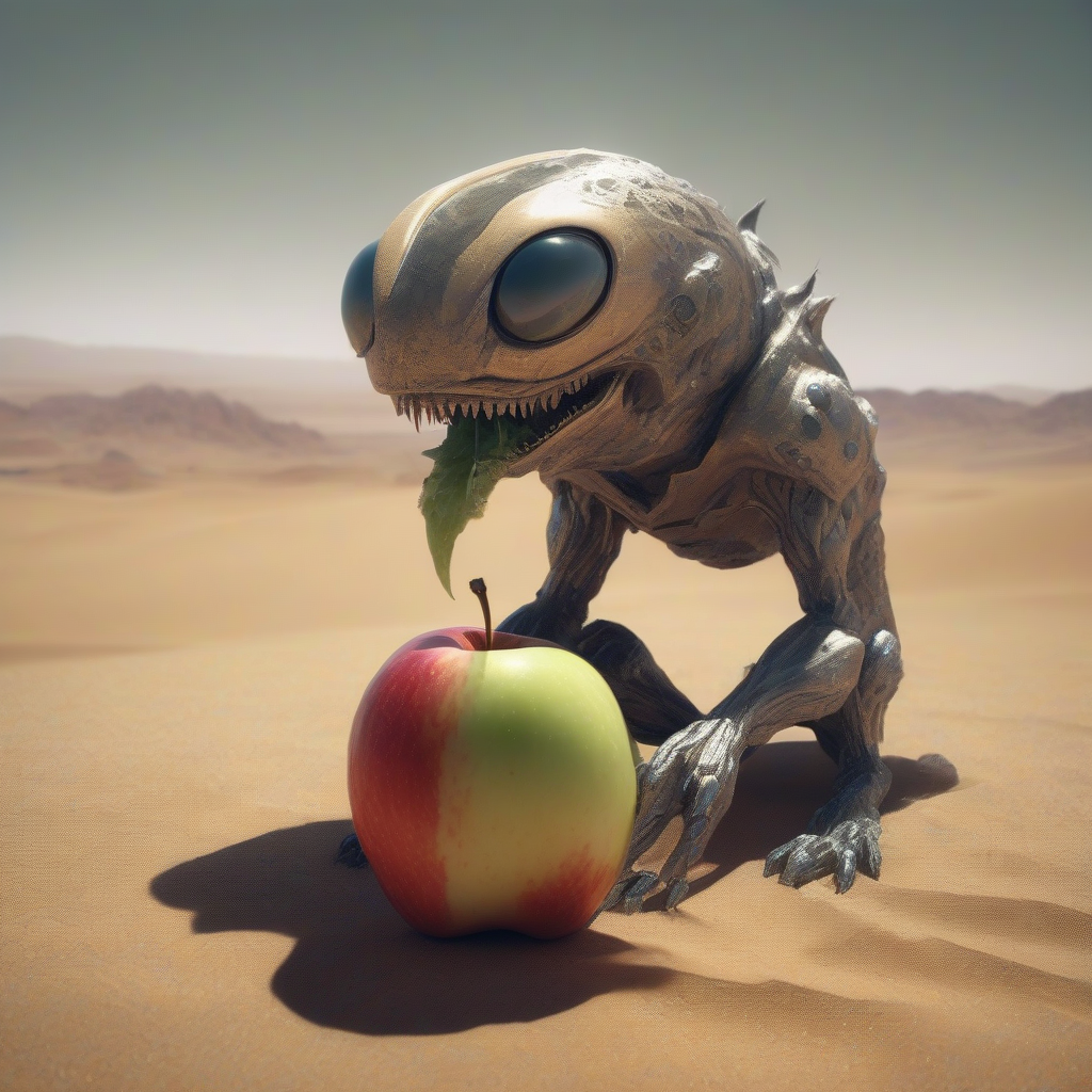 space creature eating apple in desert by मुफ्त एआई छवि जनरेटर - बिना लॉगिन के✨ | AIGAZOU