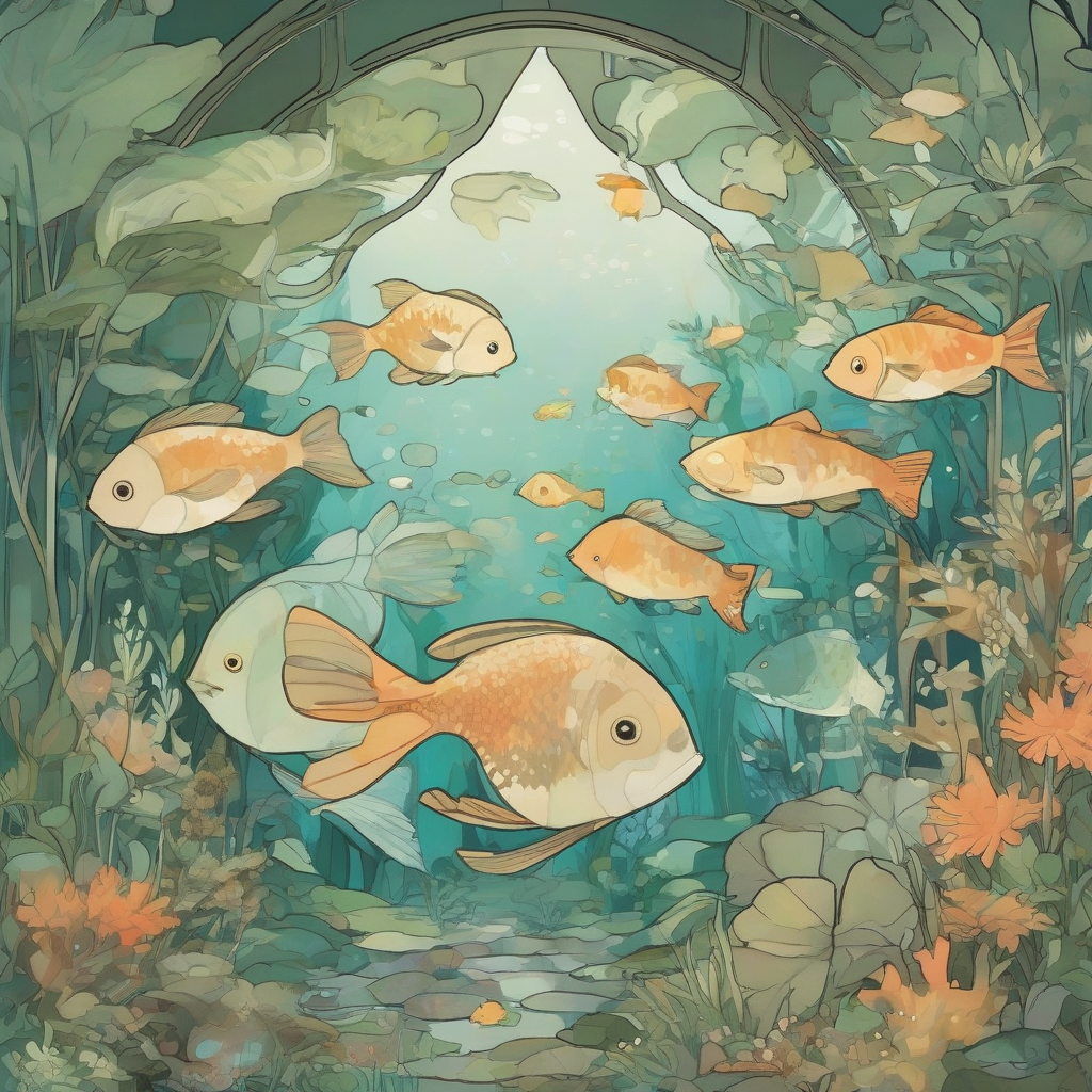 alfons mucha style miffy fish in forest aquarium by मुफ्त एआई छवि जनरेटर - बिना लॉगिन के✨ | AIGAZOU