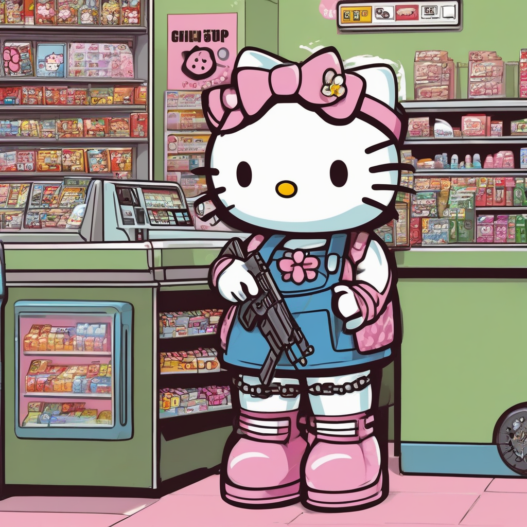 hello kitty at the convenience store smoking holding a machine gun shooting at the cashier by मुफ्त एआई छवि जनरेटर - बिना लॉगिन के✨ | AIGAZOU