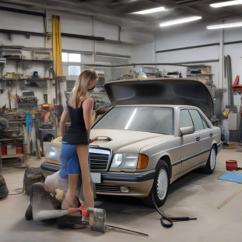 sandblasting mercedes w124 with hot woman and sandblasting gun by Générateur d'images par IA gratuit - Aucune connexion nécessaire✨ | AIGAZOU