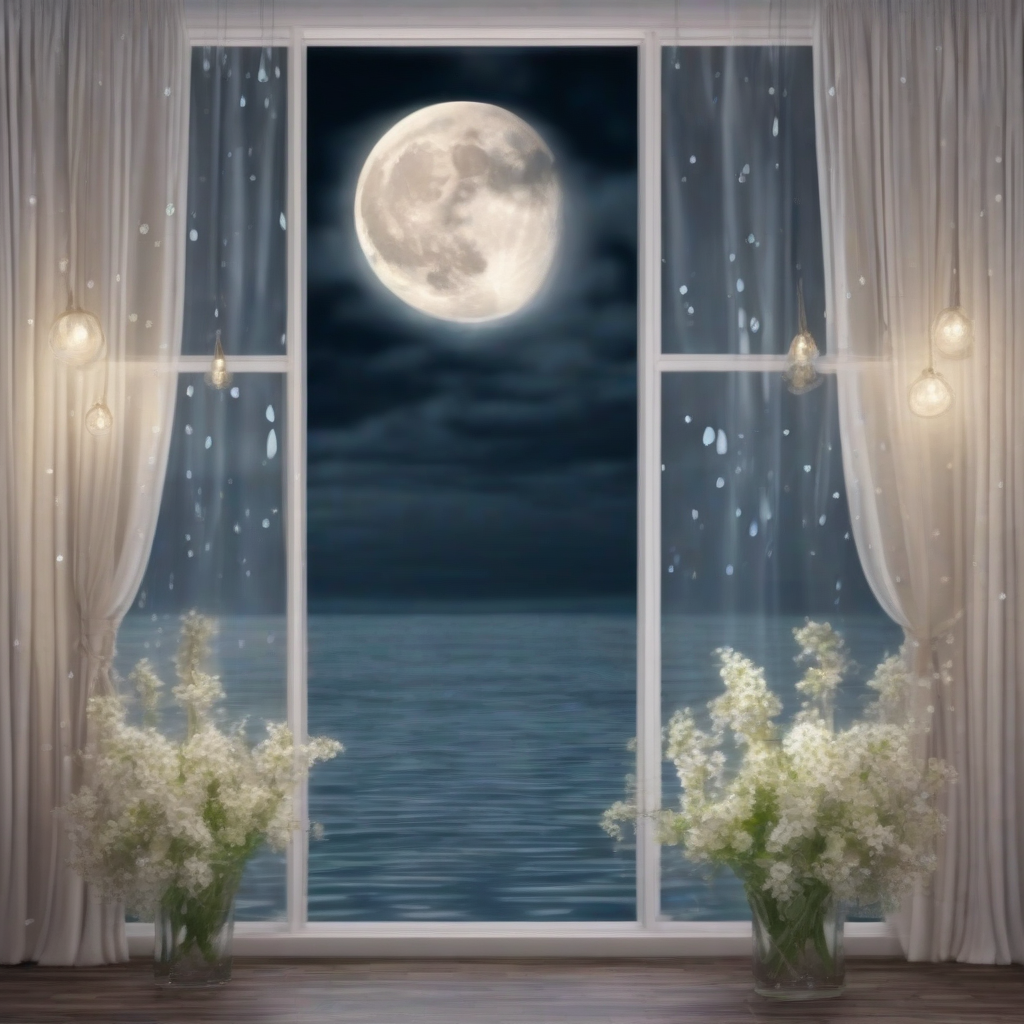 full moon in the middle curtains swaying flowers near the window transparency water droplets by Générateur d'images par IA gratuit - Aucune connexion nécessaire✨ | AIGAZOU