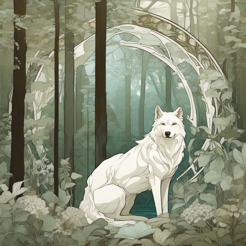 a white wolf in a forest aquarium in the style of alfons mucha by मुफ्त एआई छवि जनरेटर - बिना लॉगिन के✨ | AIGAZOU