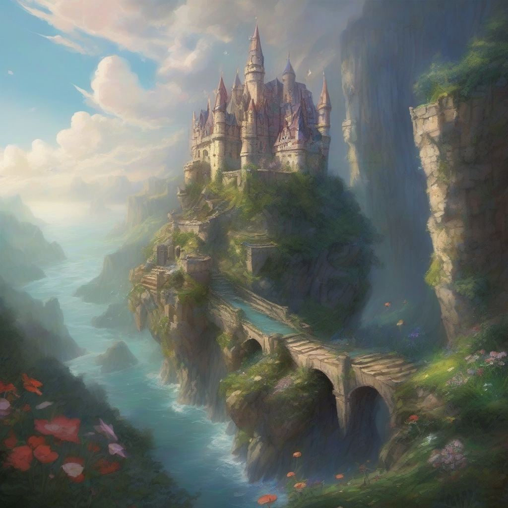 a kingdom in the sky castle walls stars roof precious stone gardens majestic cliff inhabitants nymphs gnomes by Générateur d'images par IA gratuit - Aucune connexion nécessaire✨ | AIGAZOU