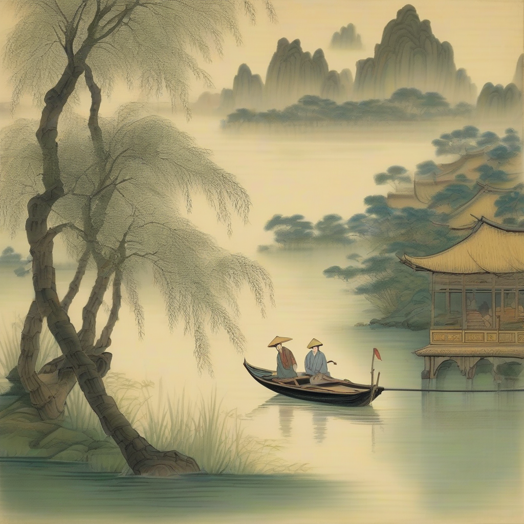 oriental painting feel willow trees riverbank boat by मुफ्त एआई छवि जनरेटर - बिना लॉगिन के✨ | AIGAZOU