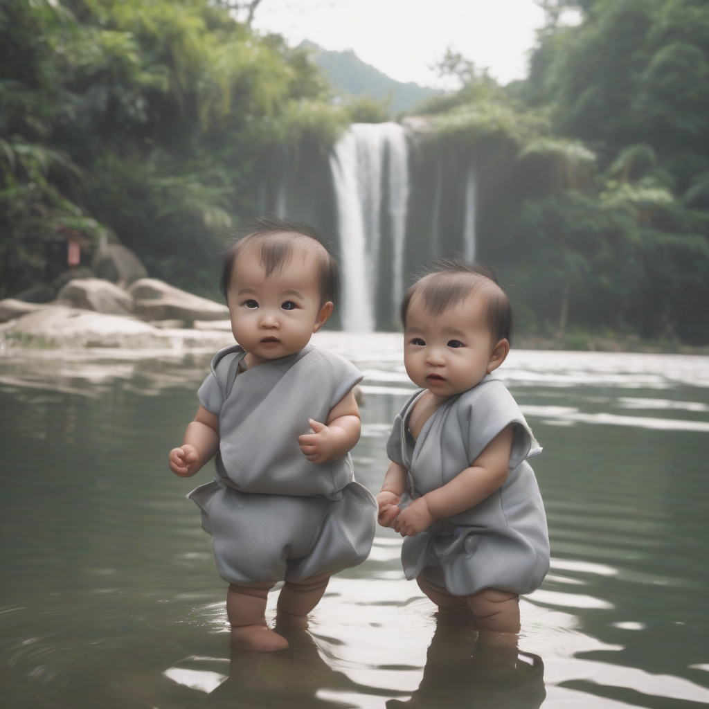 asian babies by lake with waterfall by मुफ्त एआई छवि जनरेटर - बिना लॉगिन के✨ | AIGAZOU