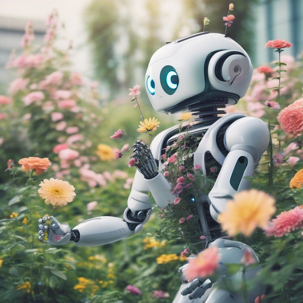 robot smelling flower in flower garden by 免费AI图像生成工具 | AIGAZOU