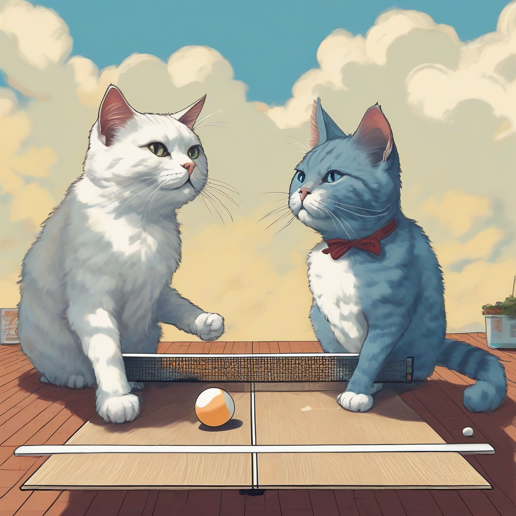 two cats playing ping pong under blue sky by मुफ्त एआई छवि जनरेटर - बिना लॉगिन के✨ | AIGAZOU