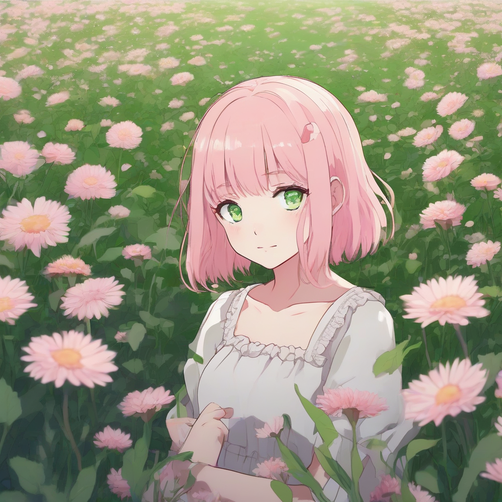 a girl in a dress with pink bob hair and green eyes in a flower field by मुफ्त एआई छवि जनरेटर - बिना लॉगिन के✨ | AIGAZOU