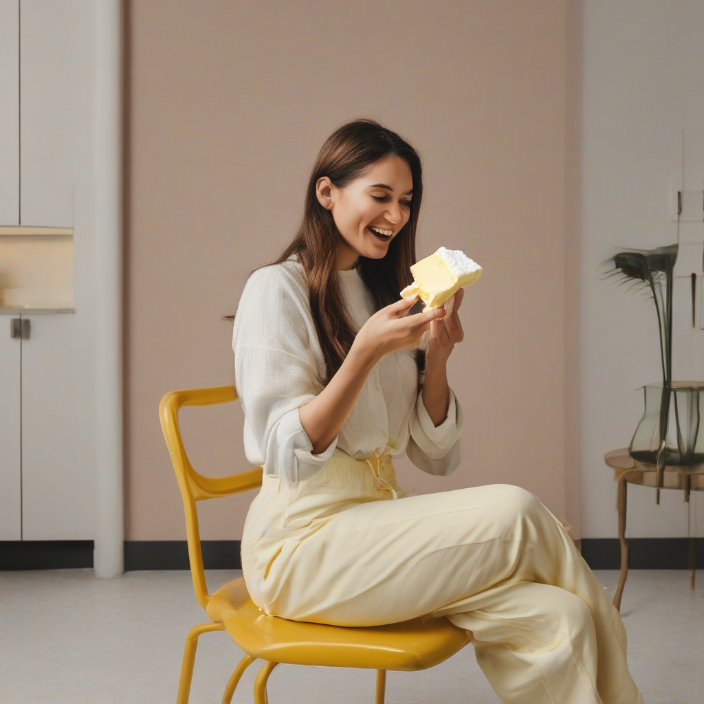 a woman eating butter sitting on a chair by मुफ्त एआई छवि जनरेटर - बिना लॉगिन के✨ | AIGAZOU