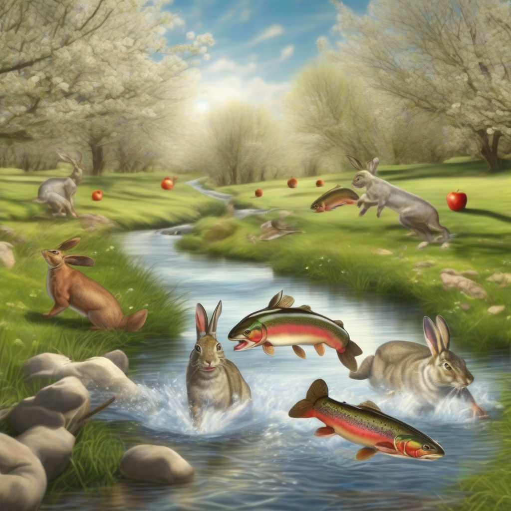 two trout and five rabbits chase an apple in the stream sunny spring day photorealistic by Générateur d'images par IA gratuit - Aucune connexion nécessaire✨ | AIGAZOU