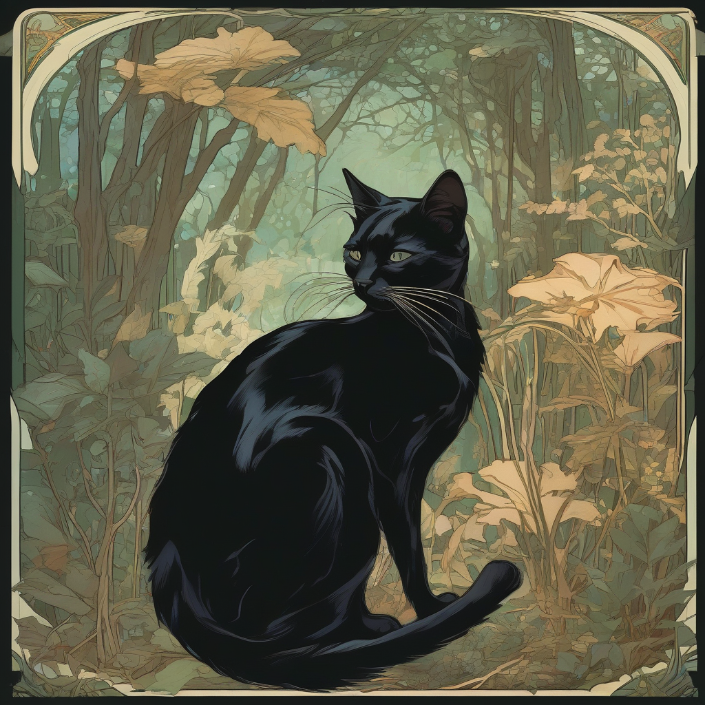 alfons mucha style black cat in forest aquarium by मुफ्त एआई छवि जनरेटर - बिना लॉगिन के✨ | AIGAZOU