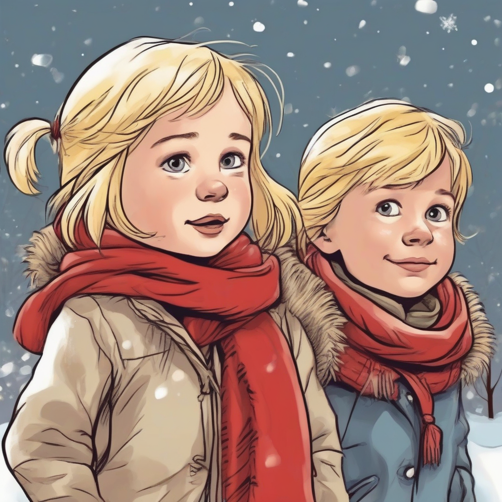 little blond girl red scarf warm clothing dog friend boy comic by मुफ्त एआई छवि जनरेटर - बिना लॉगिन के✨ | AIGAZOU