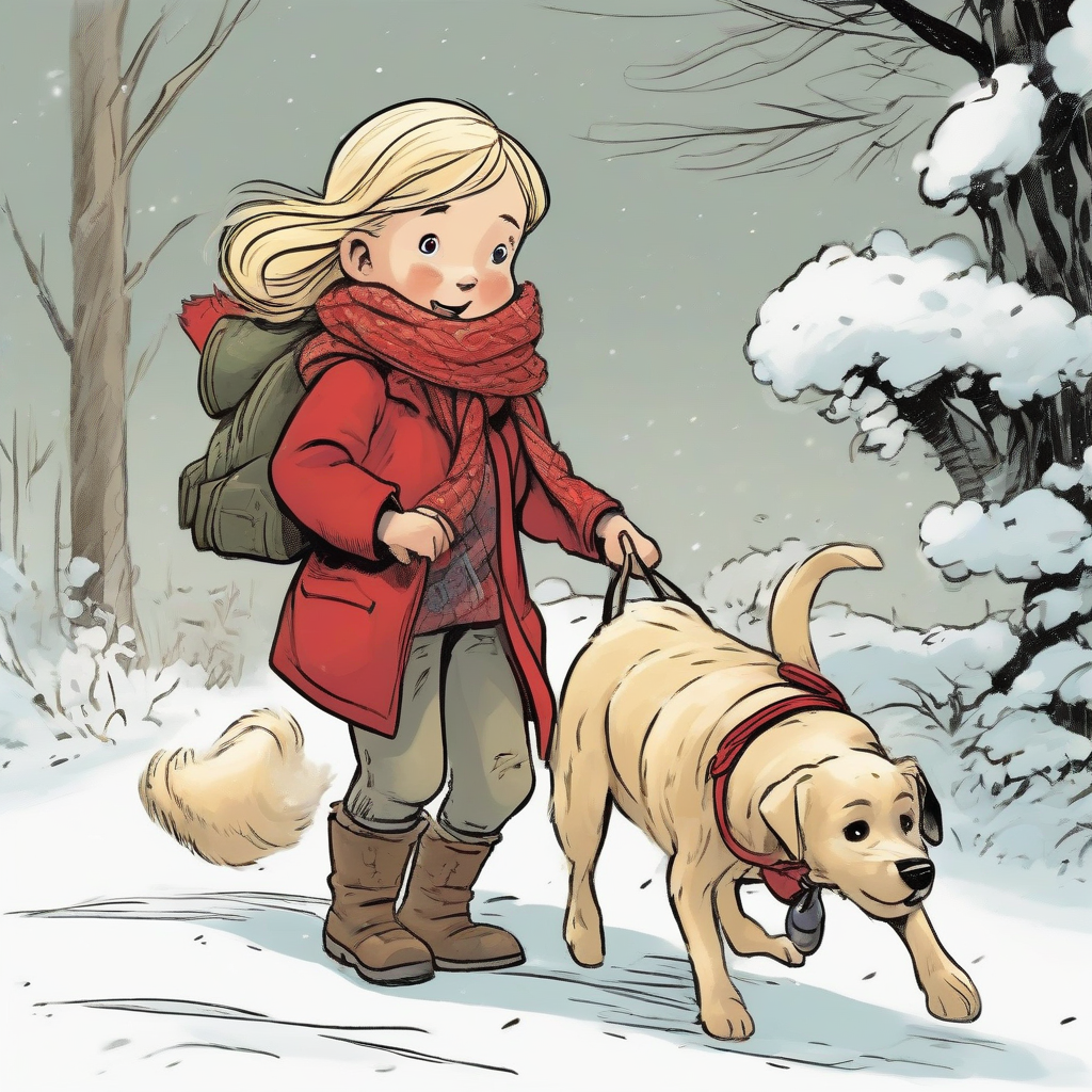 little blond girl red scarf warm clothing with her dog looks for adventures comic by मुफ्त एआई छवि जनरेटर - बिना लॉगिन के✨ | AIGAZOU