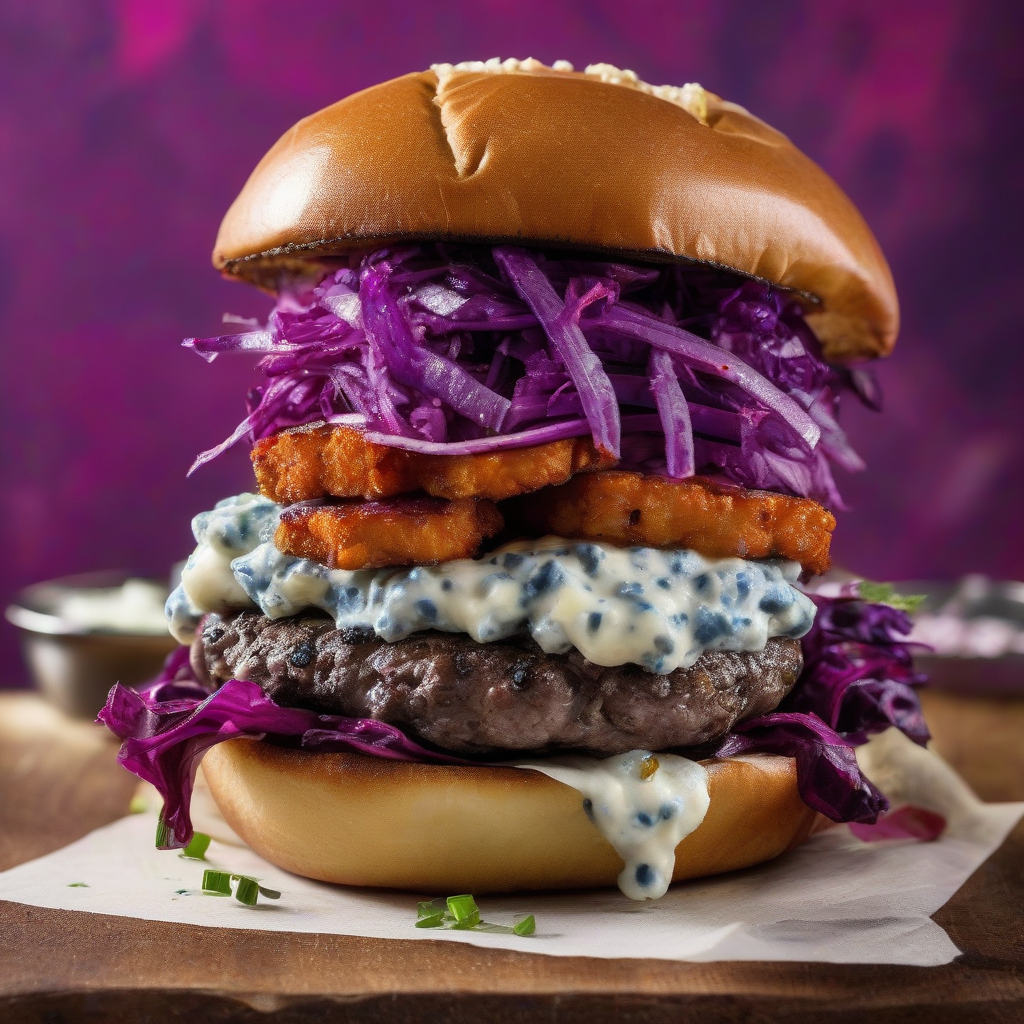 blue bread burger with chili sauce potato patties pickles blue cheese and red cabbage by मुफ्त एआई छवि जनरेटर - बिना लॉगिन के✨ | AIGAZOU