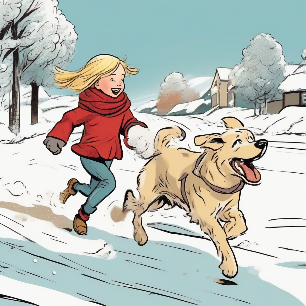 little blond girl red scarf warm clothing runs with her dog comic by मुफ्त एआई छवि जनरेटर - बिना लॉगिन के✨ | AIGAZOU