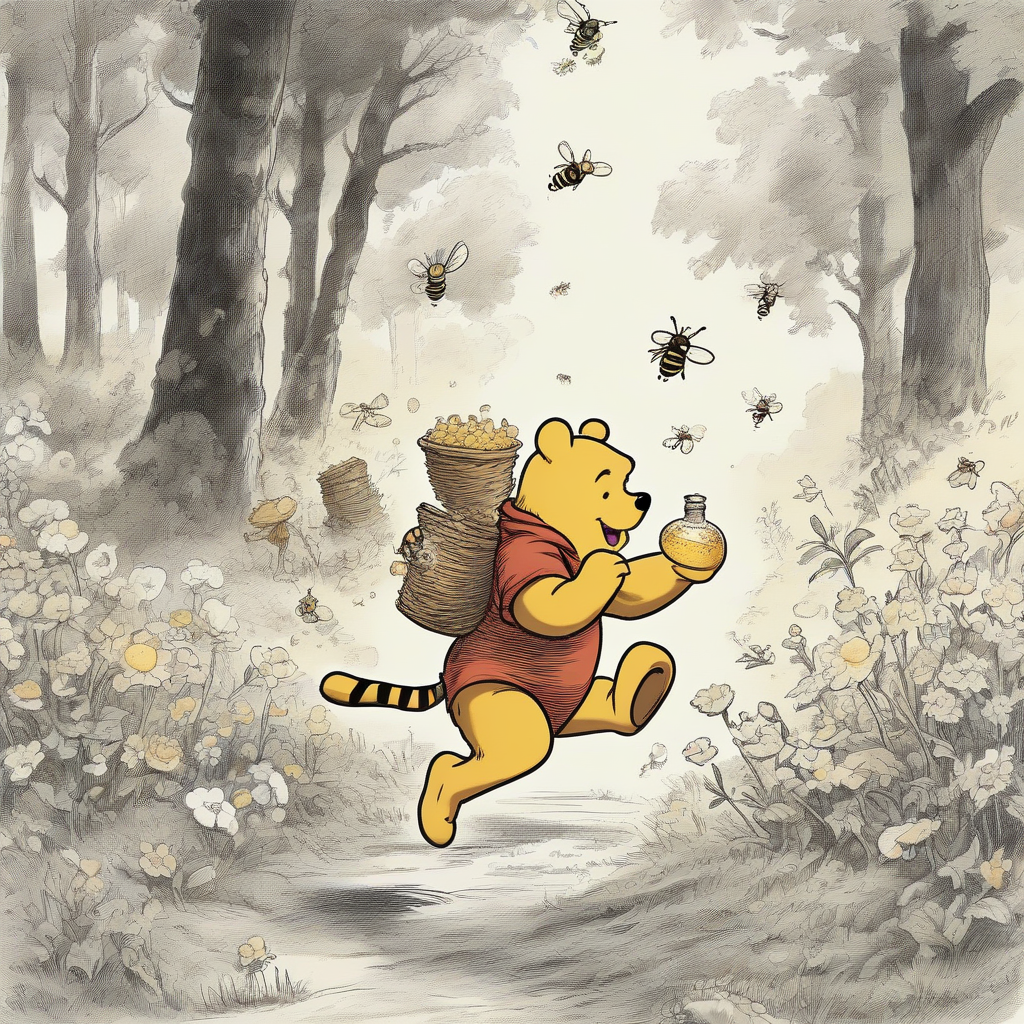 a winnie the pooh bear running eating honey chased by bees by मुफ्त एआई छवि जनरेटर - बिना लॉगिन के✨ | AIGAZOU