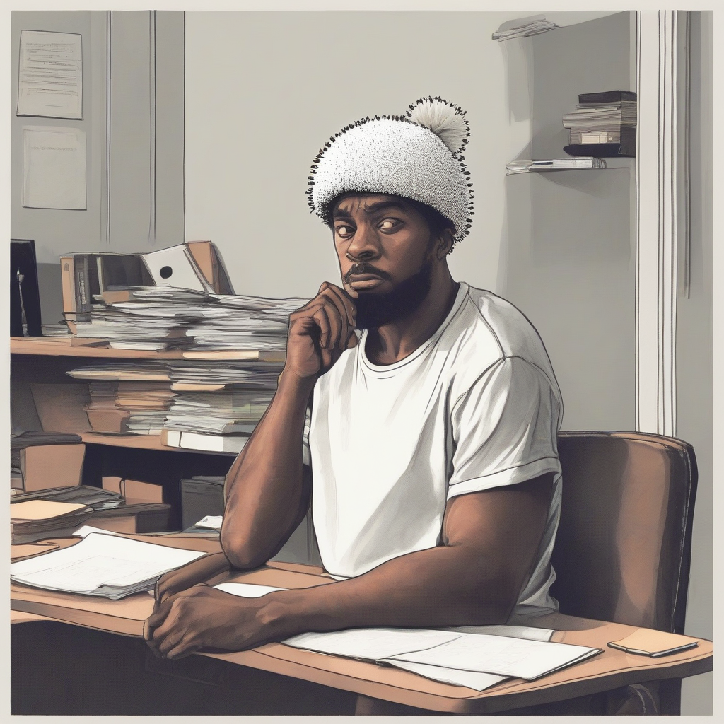 man in t shirt with pom pom hat sits at empty desk and ponders by मुफ्त एआई छवि जनरेटर - बिना लॉगिन के✨ | AIGAZOU