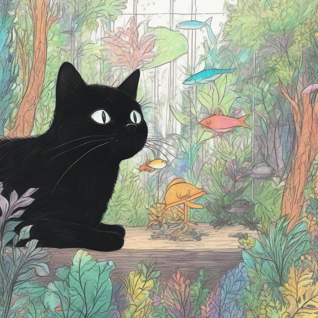 crayon style black cat in forest aquarium by मुफ्त एआई छवि जनरेटर - बिना लॉगिन के✨ | AIGAZOU