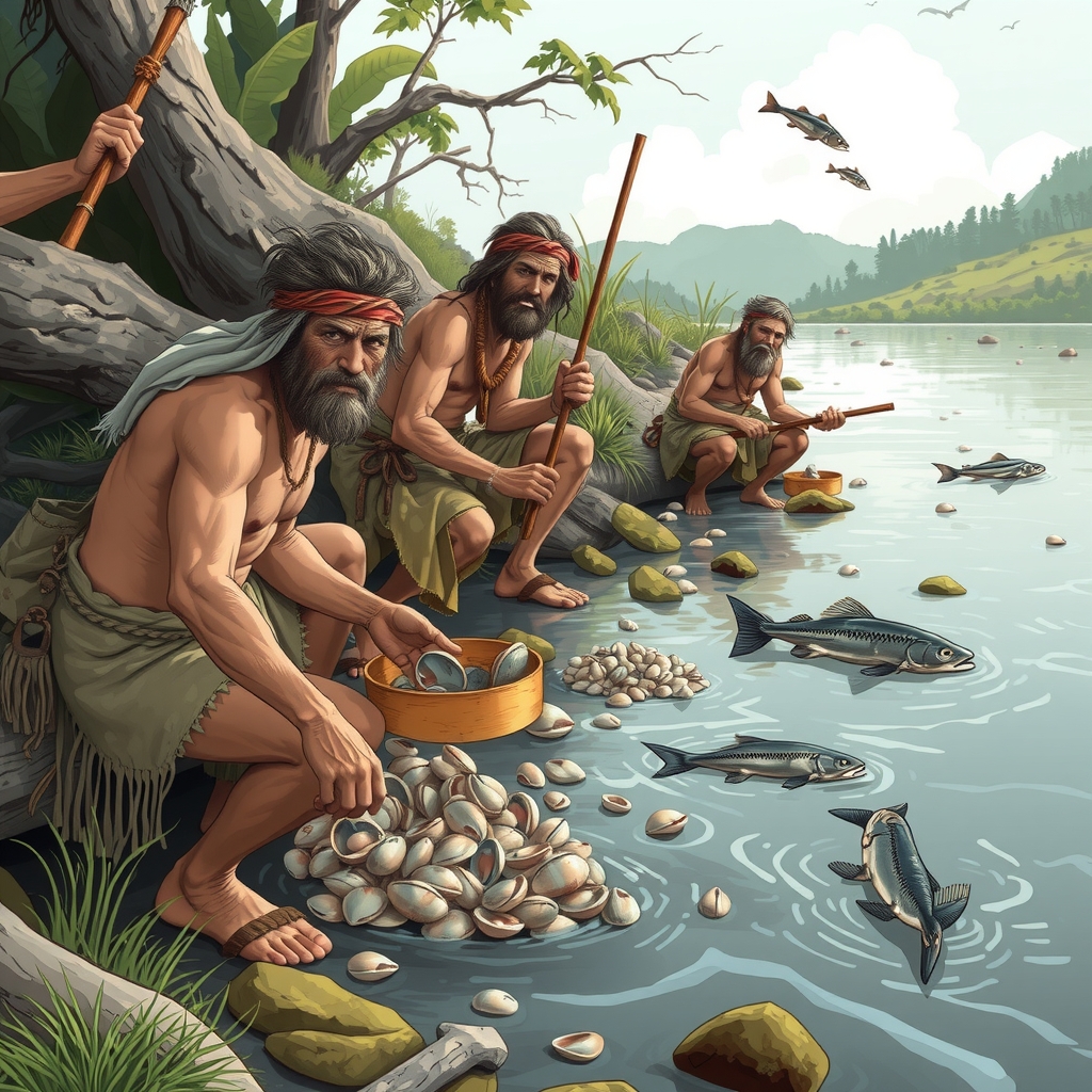 early humans lived by gathering shellfish and river fish by मुफ्त एआई छवि जनरेटर - बिना लॉगिन के✨ | AIGAZOU