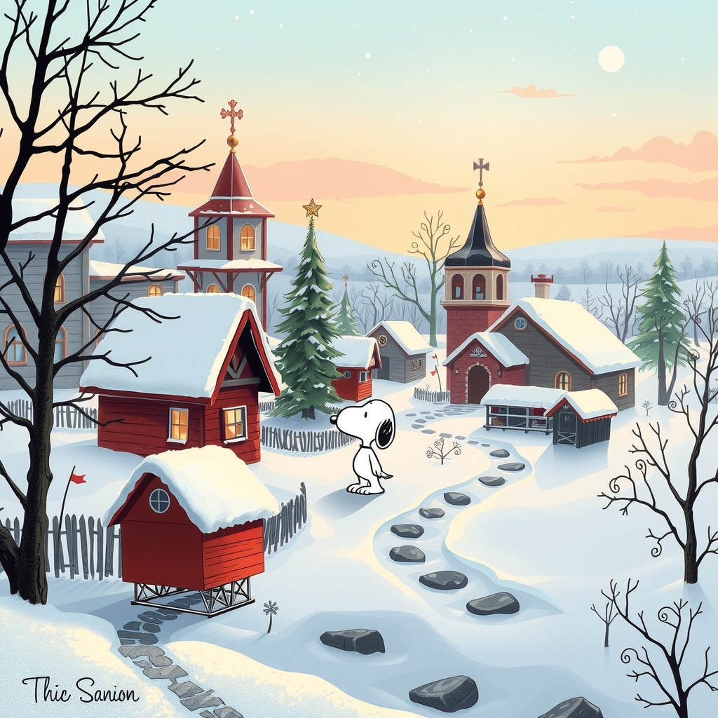 a winter landscape with a russian village and snoopy by मुफ्त एआई छवि जनरेटर - बिना लॉगिन के✨ | AIGAZOU