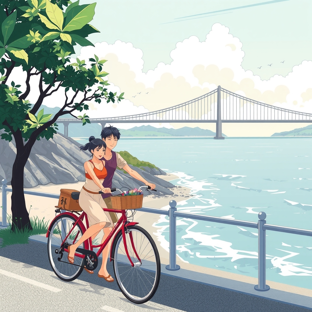 summer men women bicycles sea kitakyushu bridge by मुफ्त एआई छवि जनरेटर - बिना लॉगिन के✨ | AIGAZOU