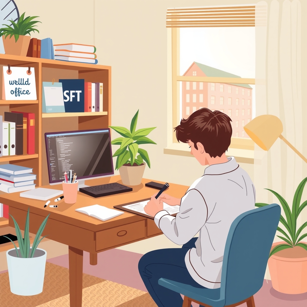 student completed internship office now writing report by Générateur d'images par IA gratuit - Aucune connexion nécessaire✨ | AIGAZOU