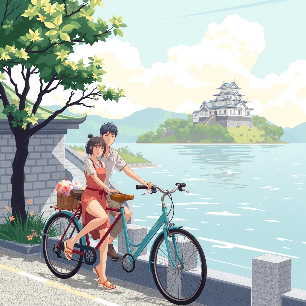 summer men women bicycles sea kitakyushu castle by Générateur d'images par IA gratuit - Aucune connexion nécessaire✨ | AIGAZOU