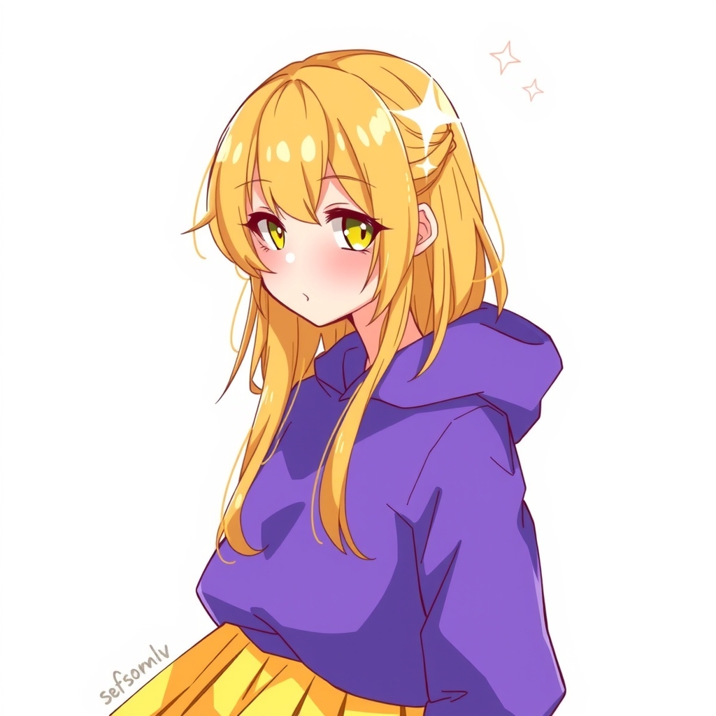 a pretty girl with yellow hair and purple hoodie by मुफ्त एआई छवि जनरेटर - बिना लॉगिन के✨ | AIGAZOU