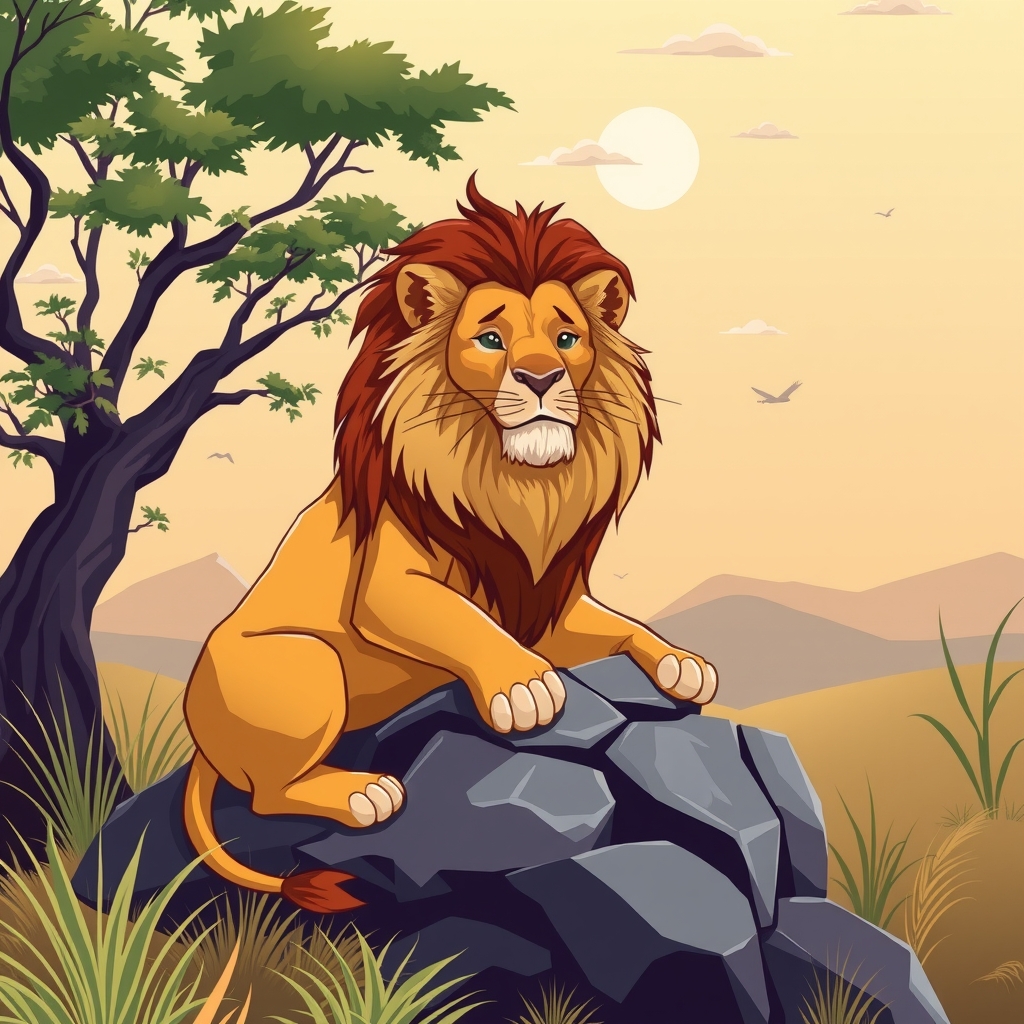 a lion sitting on a rock in the savanna by मुफ्त एआई छवि जनरेटर - बिना लॉगिन के✨ | AIGAZOU