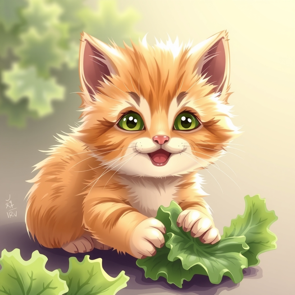 a golden short haired round faced kitten playing with lettuce by 免费AI图像生成工具 | AIGAZOU