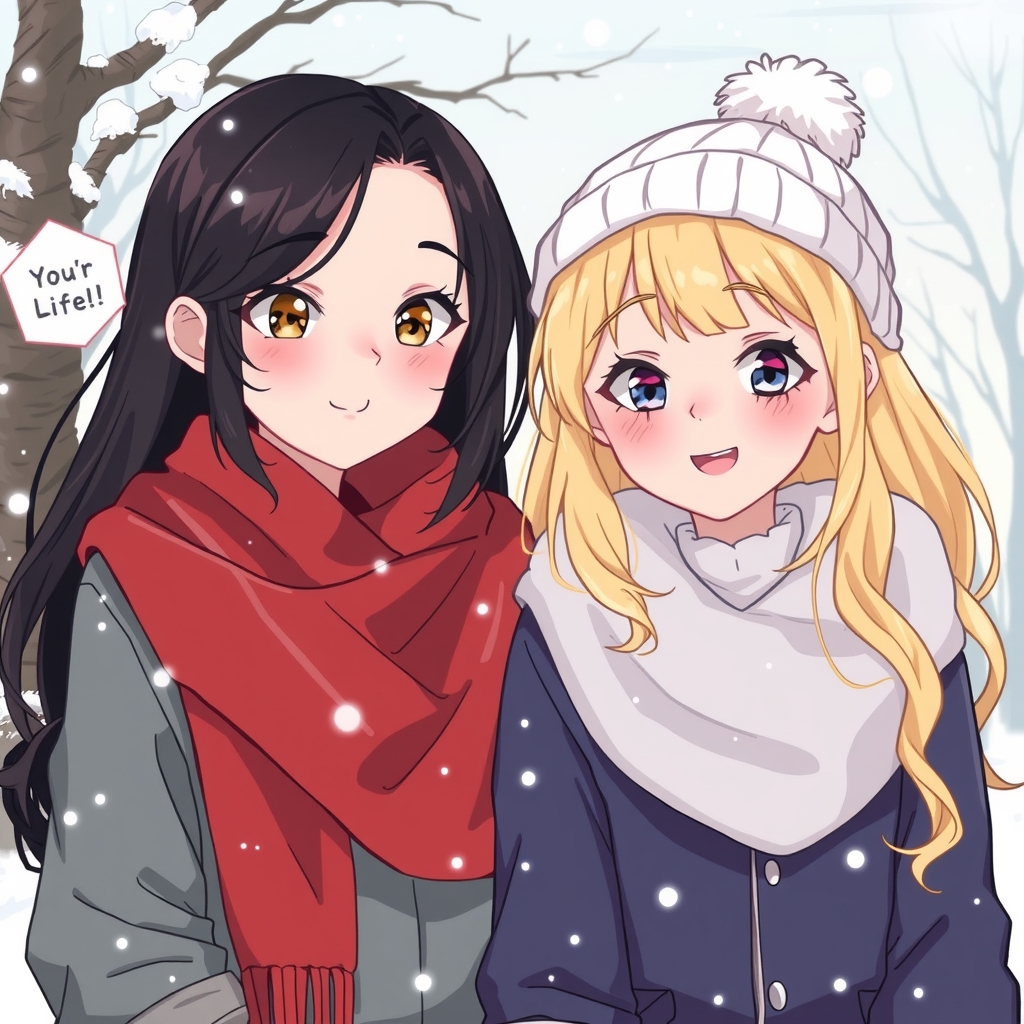 two cute teenage girls in winter one has blonde hair one has black hair by मुफ्त एआई छवि जनरेटर - बिना लॉगिन के✨ | AIGAZOU