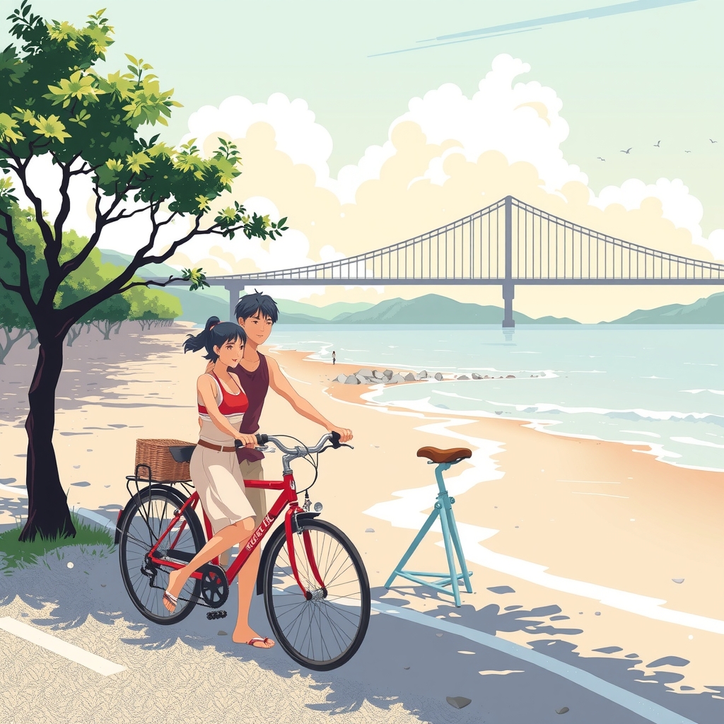 summer men women bicycles seaside kitakyushu bridge by Générateur d'images par IA gratuit - Aucune connexion nécessaire✨ | AIGAZOU