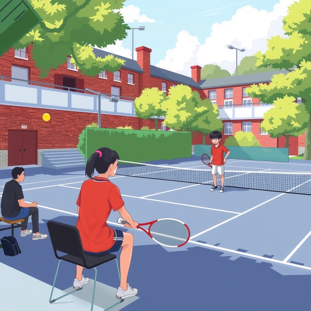 tennis court at college boy white girl red person black stands by मुफ्त एआई छवि जनरेटर - बिना लॉगिन के✨ | AIGAZOU