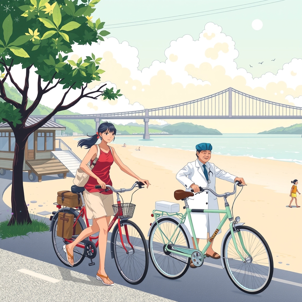 summer men women bicycles seaside kitakyushu bridge doctor by 免费AI图像生成工具 | AIGAZOU